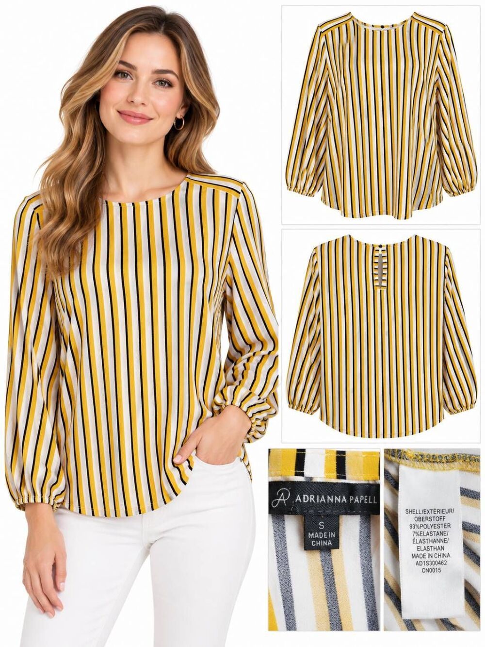 Adrianna Papell Mustard Yellow Striped Blouse S Long Sleeve Career Top